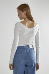 White-Rib V-Neck Long-Sleeve Top